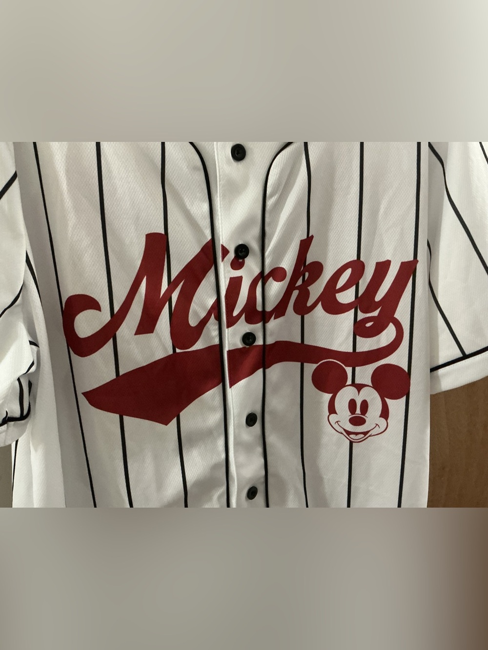 Disney Mickey White & Red Pinstripe Baseball Shirt Men’s Large